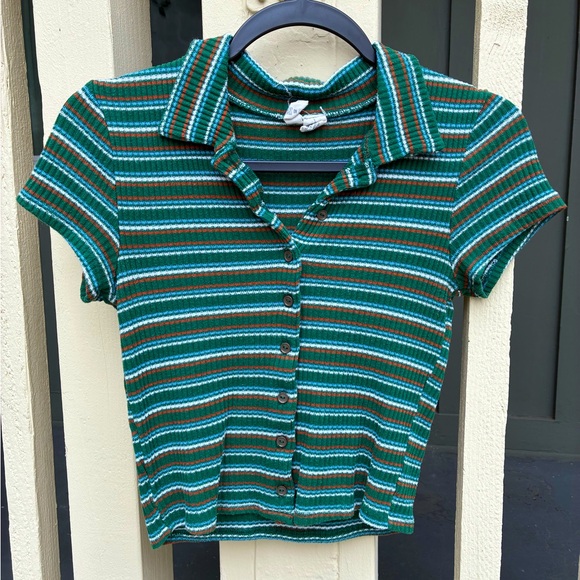 Striped Green Button-Up Polo - Picture 1 of 3
